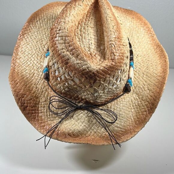 100% Paper Cowboy Hat w/ Turquoise & Brown Band. Beige. OSFM. - Picture 3 of 9